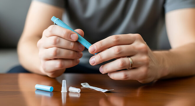 Close-up of a person's hands preparing an insulin pen for injection on a wooden table.