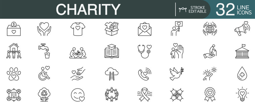 Charity and donation line icon vector set featuring volunteering, care, and community support concepts with editable stroke.