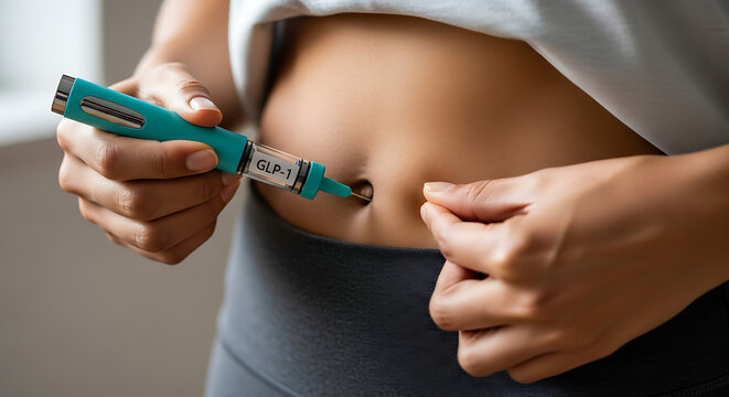 Close-up of a person injecting GLP-1 medication into their abdomen using an auto-injector pen.