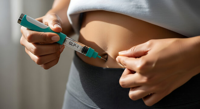 A person is injecting medication into their abdomen with a GLP-1 injection pen.