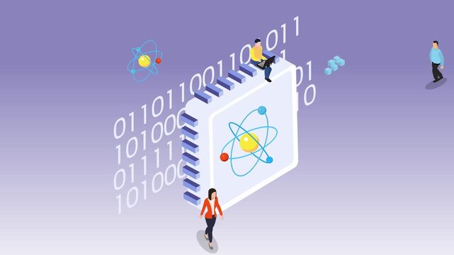 Quantum Computing Concept with Microchip, Binary Code and Developers 3d animation cartoon