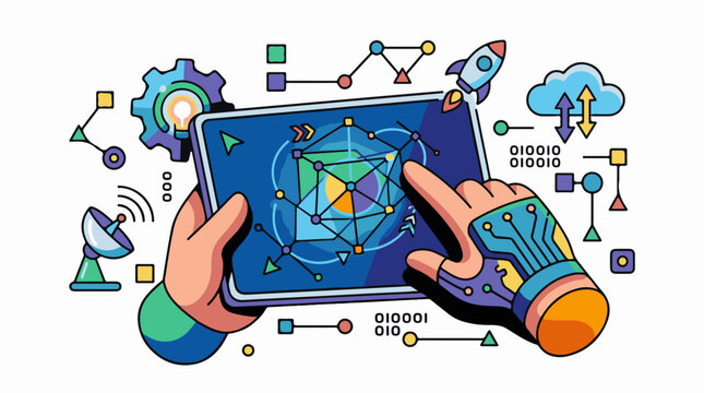 A colorful illustration of hands interacting with a tablet displaying a network diagram