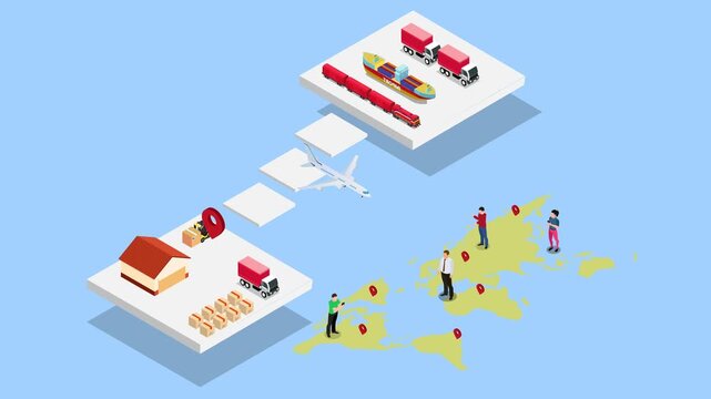 Global Logistics Network with Freight Transportation and World Map 3d animation cartoon