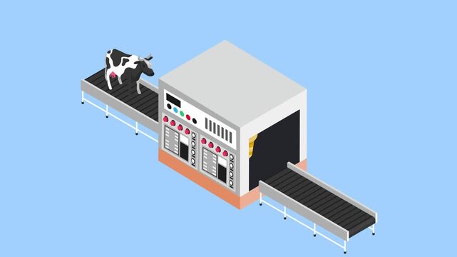 Automated Dairy Processing Factory with Cows and Ice Cream Conveyor Belt 3d animation cartoon
