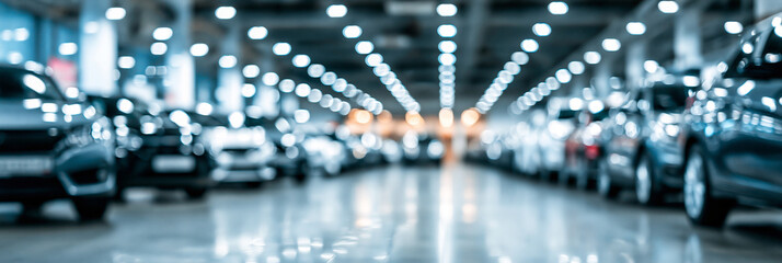 Obraz premium Blurred car dealership interior background. Defocused auto showroom with bokeh lights. Wide panoramic banner template with cars in a row, perfect for web header design. Generative AI.