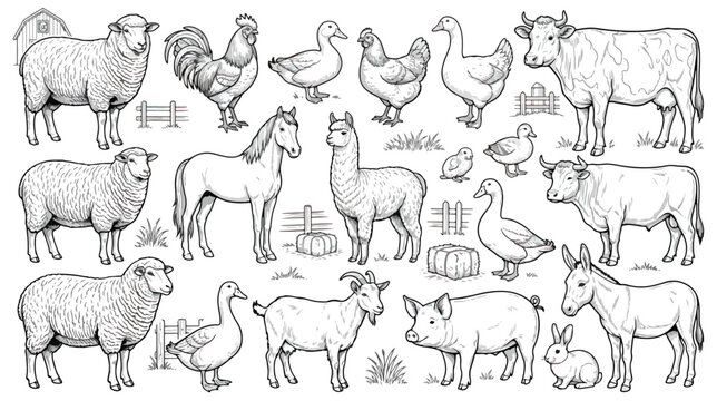 Vintage hand drawn farm animals vector set, rustic livestock line art illustrations, black and white ranch animal sketches for coloring