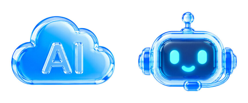 Set of 3D Artificial Intelligence AI and Robot Chatbot Icons Isolated on Transparent Background, Premium Liquid Glass Smart Cloud Technology, Cyber Machine Learning, and Virtual Assistant Automation A