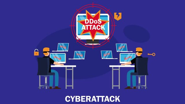 DDoS Attack Concept with Hackers Launching Cyberattack to Target and Crash Main Computer Server cartoon animation