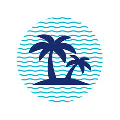 Logo agencia de viajes. Vacaciones de verano. Dibujo minimalista de un paisaje tropical con la silueta de una isla con dos palmeras, con un círculo de fondo formado por líneas onduladas paralelas  © teracreonte