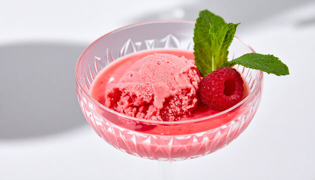 Vibrant pink raspberry sorbe in elegant crystal coupe glass. Fresh whole raspberries and sprig of green mint. Tasty dessert. Sweet food. Close-up.