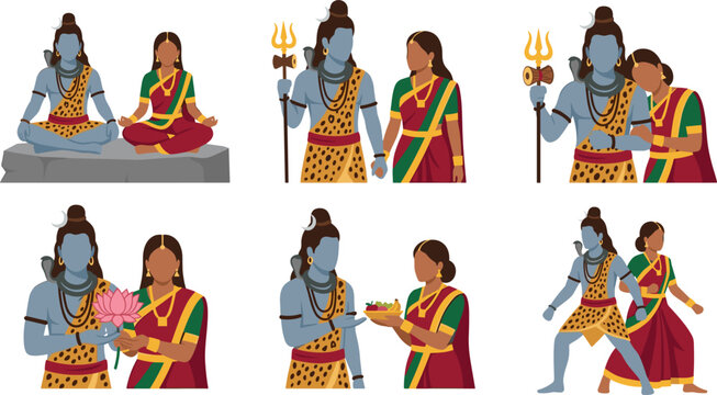 Lord Shiva and Goddess Parvati Vector Illustration Set Featuring Divine Couple Meditating Standing and Traditional Religious Concepts