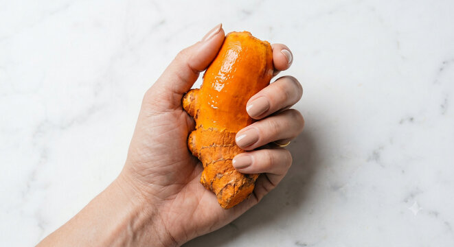 Turmeric Root Held in Hand for Cooking Health Benefits