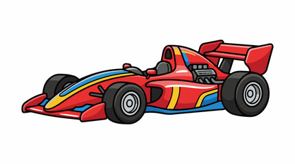 Naklejka premium A red race car with yellow and blue stripes on a white background
