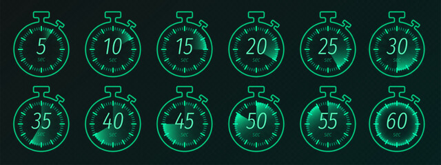 Obraz premium Modern stopwatch and timer graphic design for tracking minutes and seconds, realistic vector digital clock display isolated on transparent background. Neon green countdown icons for digital interfaces