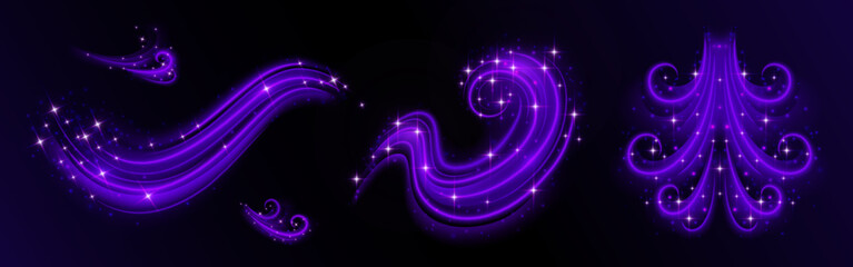 Purple magic sparkle trails with glowing stars and shimmering light effect, vector set on black background. Fairy tale design, flowing neon streams and twinkling dust particles, violet waves, swirls © klyaksun