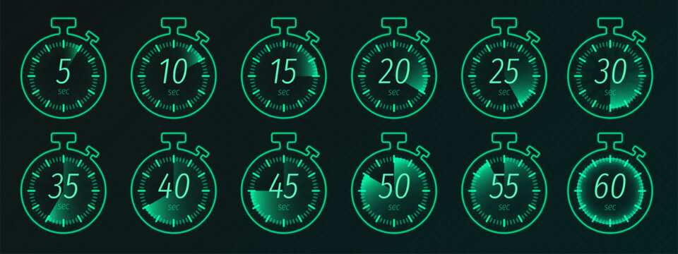 Modern stopwatch and timer graphic design for tracking minutes and seconds, realistic vector digital clock display isolated on transparent background. Neon green countdown icons for digital interfaces