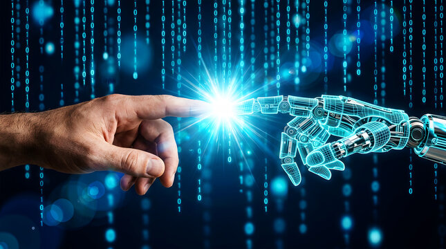 Human finger touching glowing robotic hand with digital binary code background image