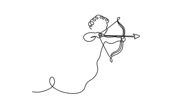 Cupid aiming his bow and arrow, featuring wings and curly hair, Self drawing animation one continuous line draw, logo on white background