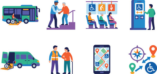 Naklejka premium Accessible public transportation and mobility assistance concept illustrations for inclusive travel design