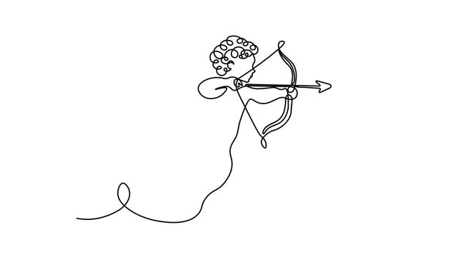 Cupid aiming his bow and arrow, featuring wings and curly hair, Self drawing animation one continuous line draw, logo on white background