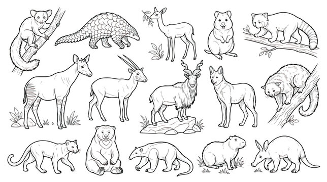 Hand drawn exotic wild animals collection, black and white line art illustrations of rare mammals, coloring book vector set