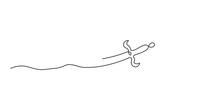traditional curved sabre with a handle and guard on a wavy baseline, minimalist weapon design, Self drawing animation one continuous line draw, logo on white background