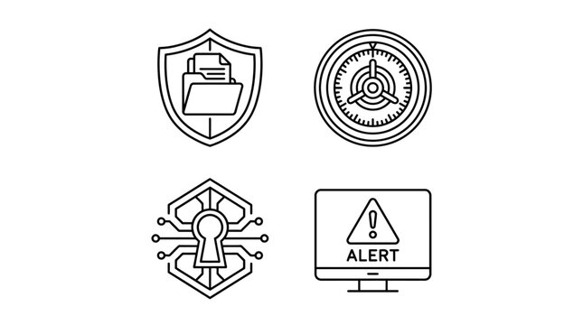 Security icons folder shield key computer screen alert and vault lock.
