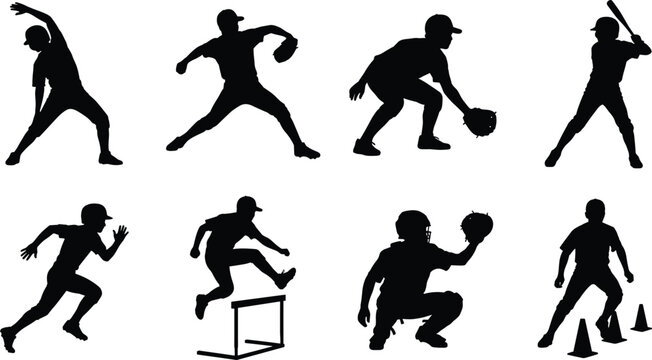 Baseball Player Silhouette Collection Depicting Dynamic Sports Actions and Training Movements