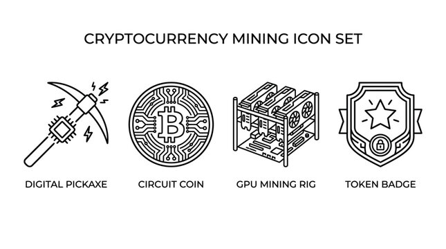 Cryptocurrency mining icon set including digital pickaxe circuit coin GPU rig and token badge.
