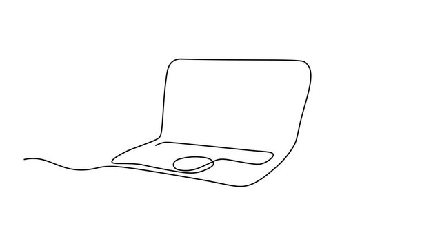 open laptop computer, Self drawing animation one continuous line draw, logo on white background