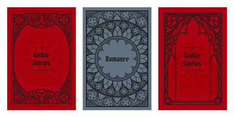 Gothic frames with ornate medieval patterns, vintage decorative borders. Elegant vector design for invitation cards, vampire book covers with circle tracery ornament. Fantasy cathedral style templates © klyaksun