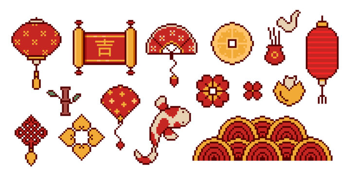 Chinese pixel art icons of festive lanterns, red paper fan, retro 8-bit snack, flower and bamboo, vector japaniese game designs on white background. Traditional Asian scrolls, gold coin and fish