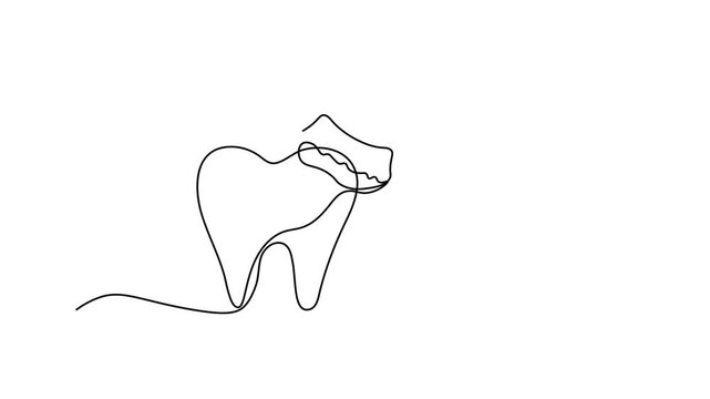  tooth being brushed with toothpaste, dental hygiene concept, oral care routine,Self drawing animation one continuous line draw, logo on white background