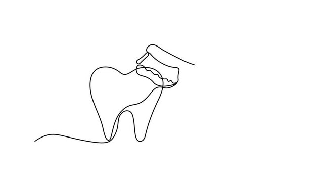  tooth being brushed with toothpaste, dental hygiene concept, oral care routine,Self drawing animation one continuous line draw, logo on white background