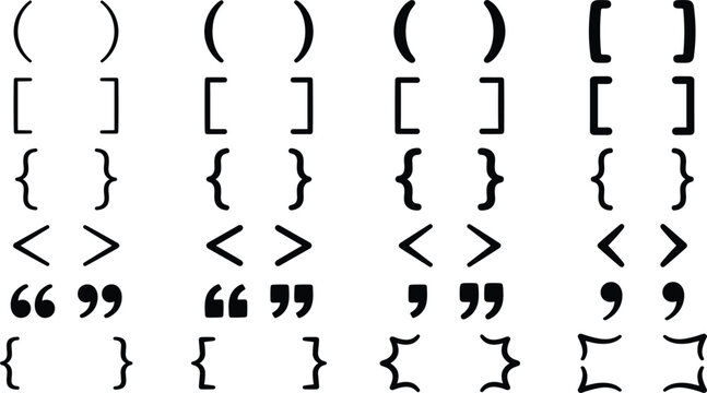 Black Punctuation Mark Bracket Vector Set with Parentheses Curly Braces Square Brackets and Quote Icons for Typography Graphic Designs