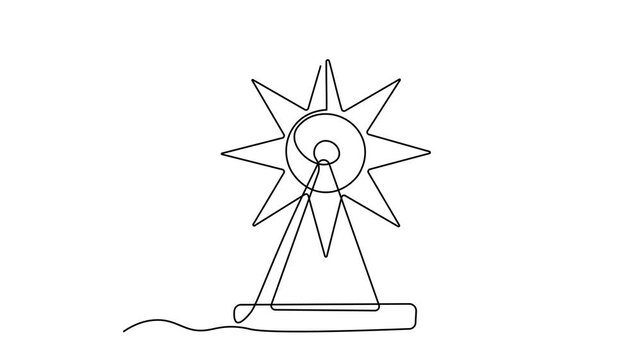Ferris wheel with passenger cabins, minimalist amusement park attraction, carnival entertainment concept, Self drawing animation one continuous line draw, logo on white background