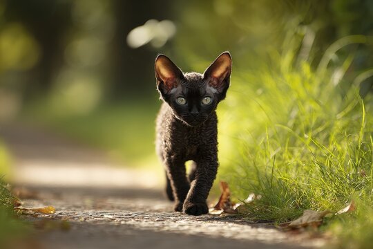 Black Devon Rex kitten walking outdoors in a sunlit garden with curious expression