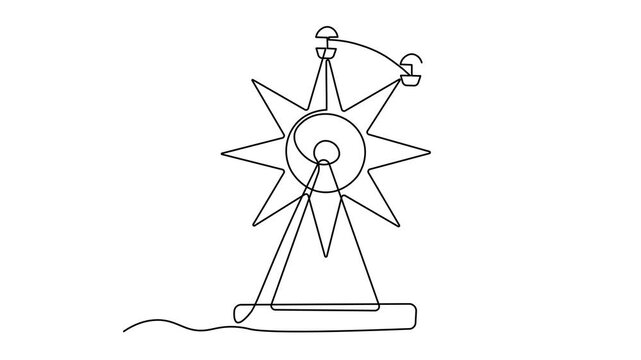 Ferris wheel with passenger cabins, minimalist amusement park attraction, carnival entertainment concept, Self drawing animation one continuous line draw, logo on white background