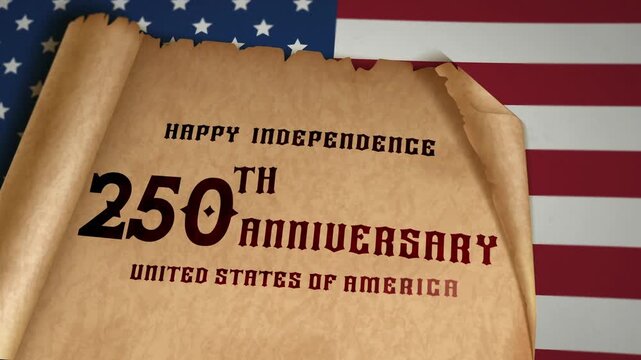 United States 250th Anniversary Old Scroll Animation on American Flag Background, Happy Independence Day 1776-2026 Historical Text Reveal animation 4k.