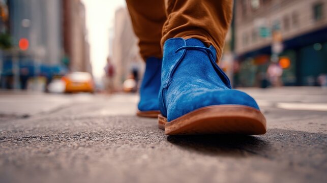 Blue suede shoes in motion: forward stride on a city sidewalk