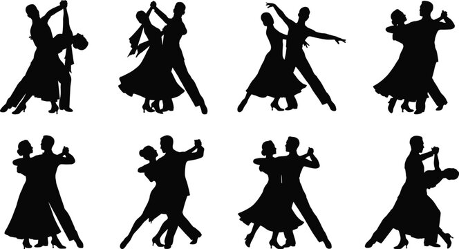 Elegant Ballroom Dance Couple Silhouettes Performing Graceful Poses on White Background