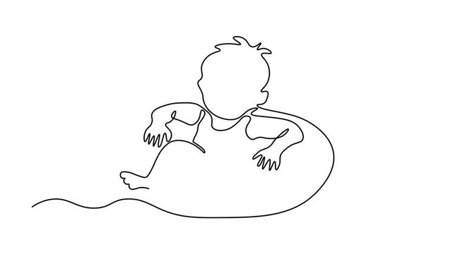 boy floating on a swimming ring, summer vacation and water safety concept, playful childhood moment, pool and beach leisure, Self drawing animation one continuous line draw, logo on white background
