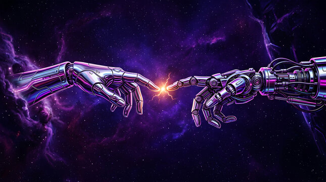 Two metallic robot hands reaching out to touch fingers with bright orange energy connecting them in a