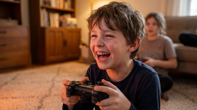 Video Game Day excited boy playing console games sitting on floor laughing joyfully at home for entertainment technology youth culture casual gaming lifestyle content