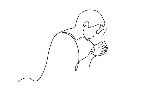  romantic couple embracing and kissing, Self drawing animation one continuous line draw, logo on white background