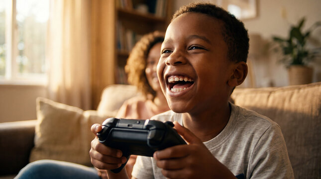 Video Game Day happy African American boy playing console games laughing with joy at home for entertainment technology youth culture gaming lifestyle diversity content
