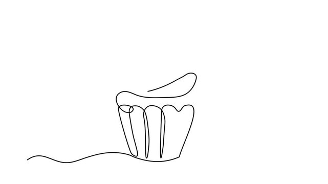  cupcake with cherry on top, minimalist dessert illustration, Self drawing animation one continuous line draw, logo on white background
