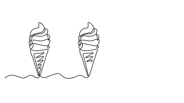 set of three ice cream cone, sweet summer treat, Self drawing animation one continuous line draw, logo on white background