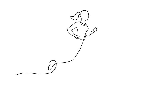 Continuous line drawing of a woman running, minimalist fitness illustration, active lifestyle and jogging concept, sport and exercise art design, Self drawing animation one continuous line draw, logo 
