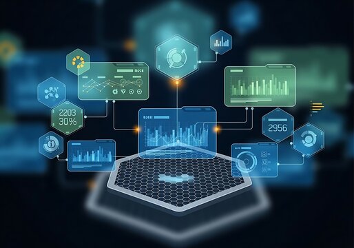 Futuristic Laptop with Holographic Data Displays in Tech Network